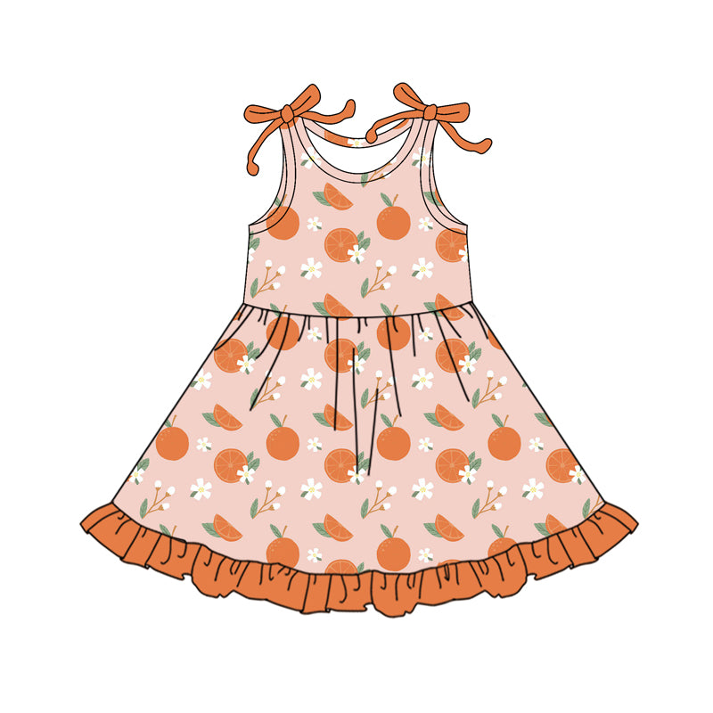 (Pre-order)GSD2477 Orange Flowers Print Girls Summer Knee Length Dress