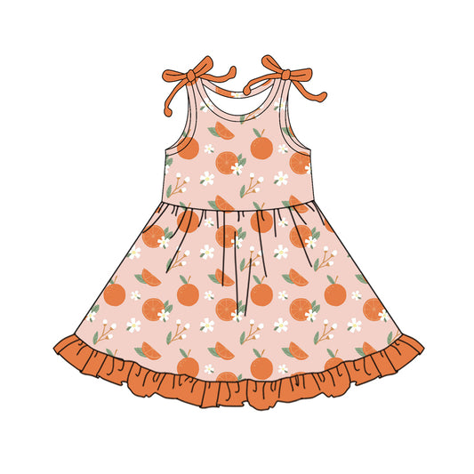 (Pre-order)GSD2477 Orange Flowers Print Girls Summer Knee Length Dress