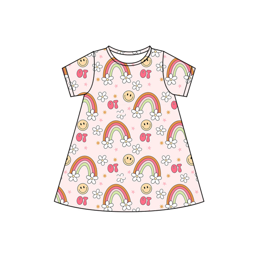 (Pre-order)GSD2478 Smiling Face Rainbow Flowers Print Girls Summer Knee Length Dress