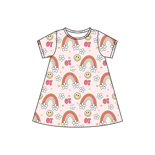 (Pre-order)GSD2478 Smiling Face Rainbow Flowers Print Girls Summer Knee Length Dress