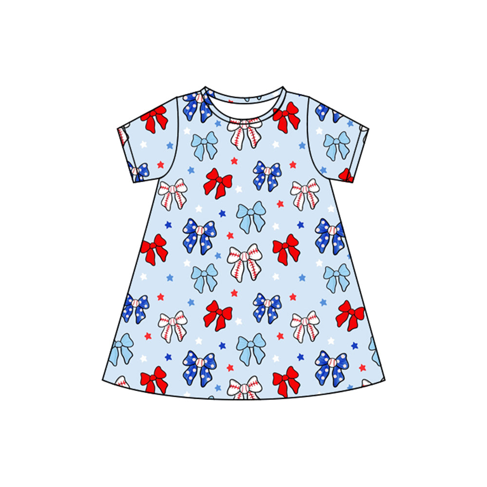 (Pre-order)GSD2480 Red Blue Bows Stars Print Girls 4th of July Knee Length Dress