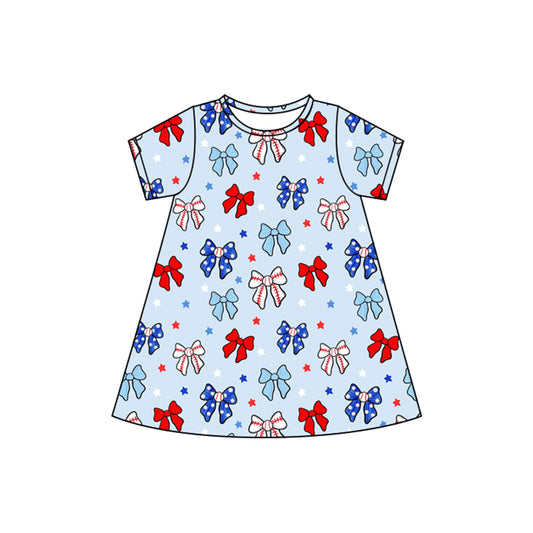 (Pre-order)GSD2480 Red Blue Bows Stars Print Girls 4th of July Knee Length Dress