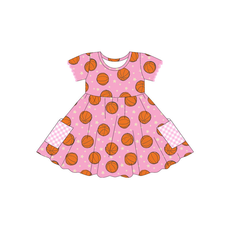 (Pre-order)GSD2483 Basketball Stars Pink Print Pockets Girls Summer Knee Length Dress