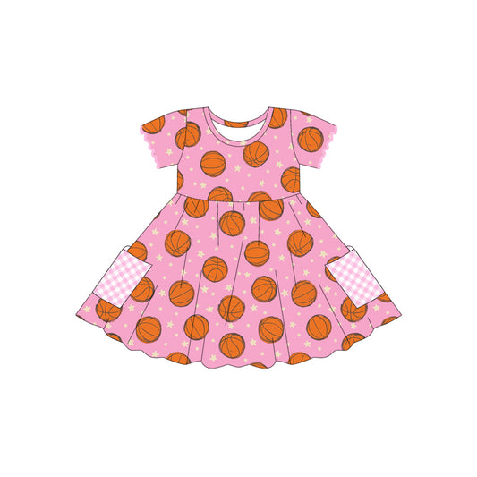 (Pre-order)GSD2483 Basketball Stars Pink Print Pockets Girls Summer Knee Length Dress