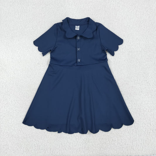 GSD2487  Navy Color Girls Summer Buttons Knee Length Yoga Dress