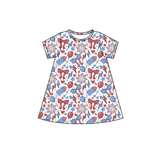 (Pre-order)GSD2500 Fireworks Flag Bows Print Girls 4th of July Knee Length Dress