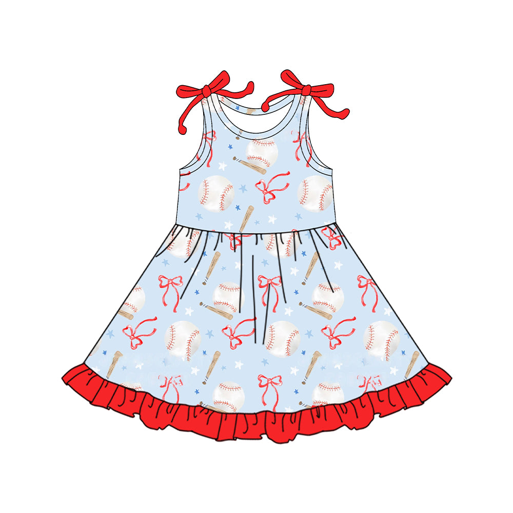 (Pre-order)GSD2507 Baseball Bows Print Girls Summer Knee Length Dress