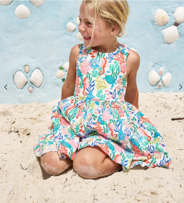 (Pre-order)GSD2508 Turtle Seaweed Print Girls Summer Knee Length Dress