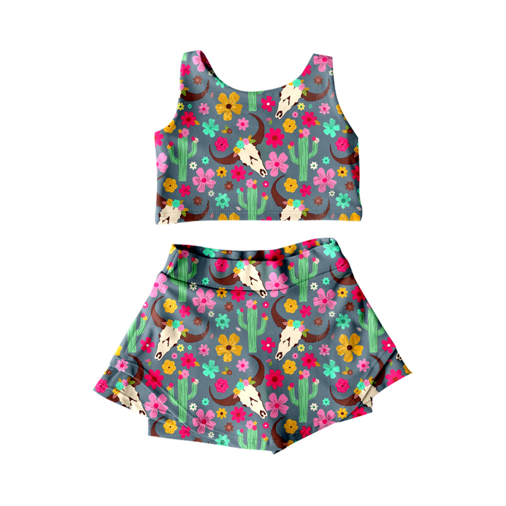 (Pre-order)GSD2519 Colorful Flowers Cow Skull Western Tank Top Shorts Skirts Girls Summer Yoga Outfits