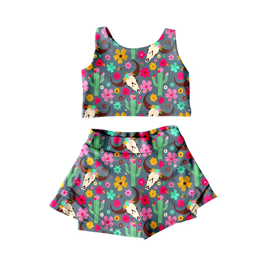 (Pre-order)GSD2519 Colorful Flowers Cow Skull Western Tank Top Shorts Skirts Girls Summer Yoga Outfits