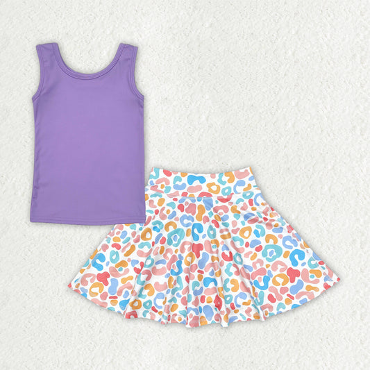 GSD2521 Purple Tank Top Colorful Leopard Skirts With Shorts Girls Yoga Clothes Set