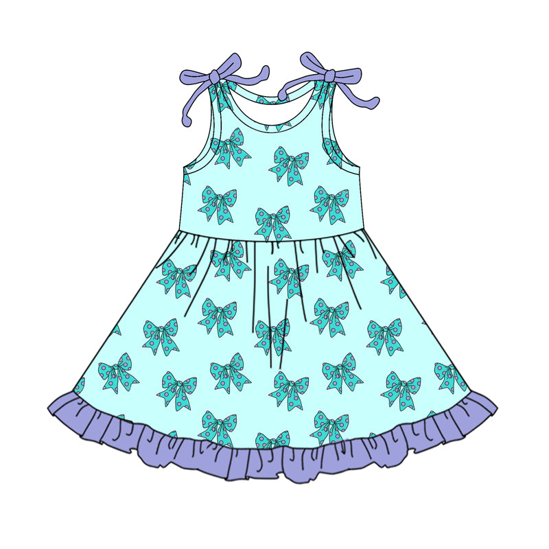 (Pre-order)GSD2523  Cartoon Monster Bows Print Girls Summer Knee Length Dress