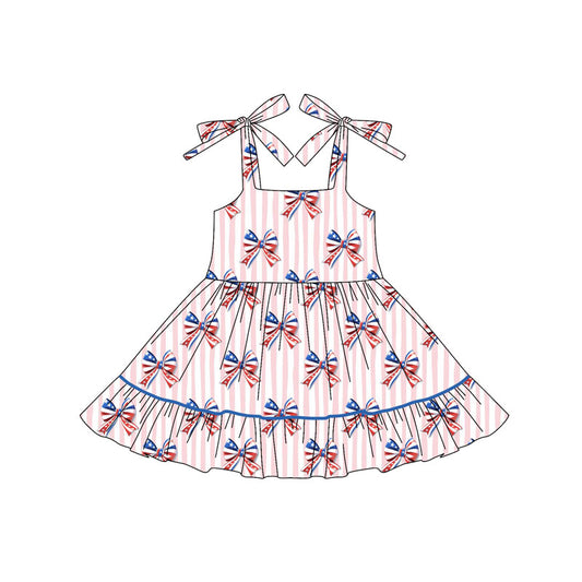 (Pre-order)GSD2524  Bows Print Girls 4th of July Knee Length Dress