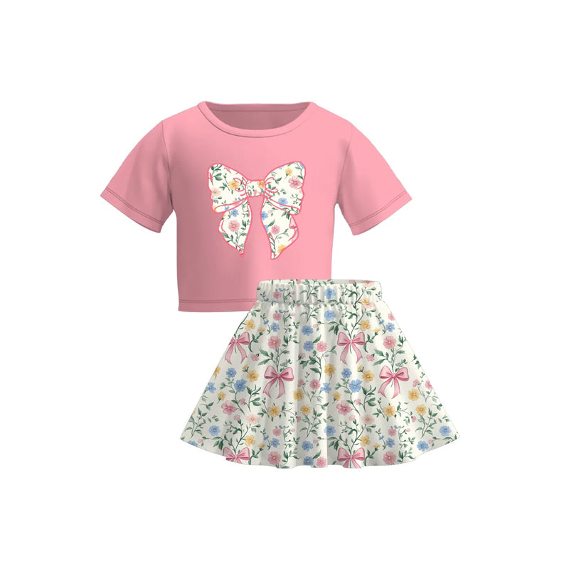(Pre-order)GSD2526 Bow Pink Top Colorful Flowers Skirts Girls Summer Clothes Set