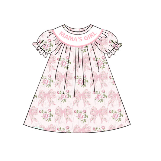 (Pre-order)GSD2532  MAMA'S GIRL Pink Flowers Bows Print Girls Summer Knee Length Dress