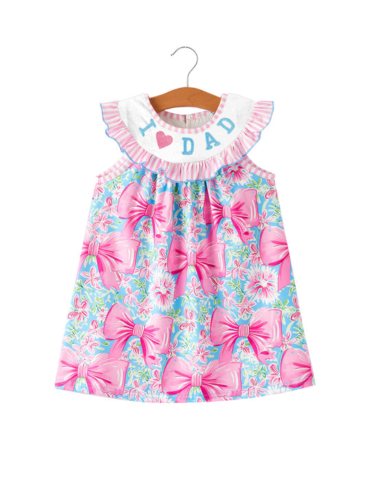 (Pre-order)GSD2534  I LOVE DAD Pink Flowers Bows Print Girls Summer Knee Length Dress