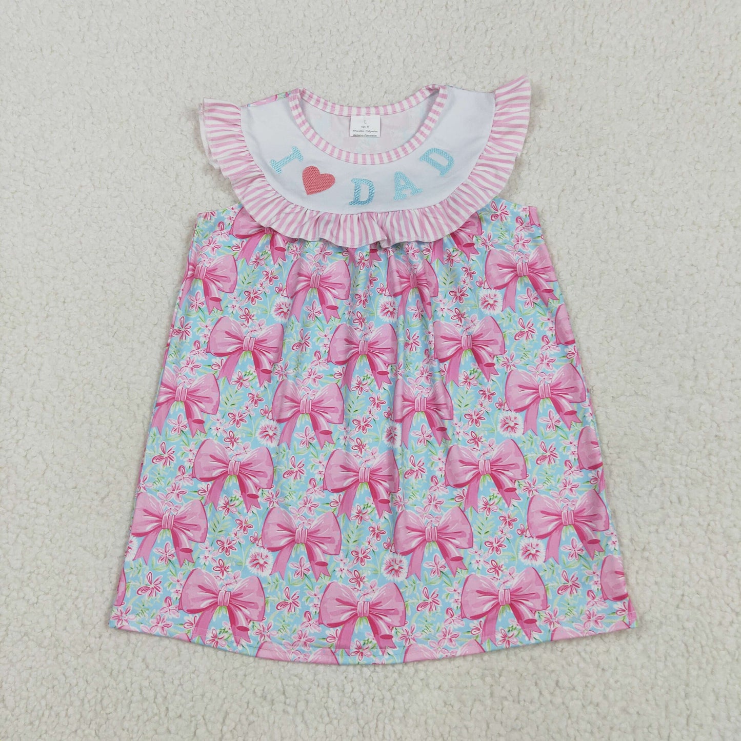GSD2534  I LOVE DAD Embroidery Pink Flowers Bows Print Girls Summer Knee Length Dress