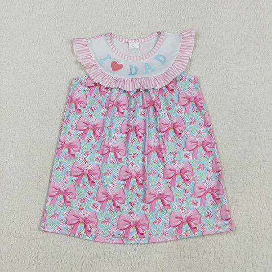 GSD2534  I LOVE DAD Embroidery Pink Flowers Bows Print Girls Summer Knee Length Dress
