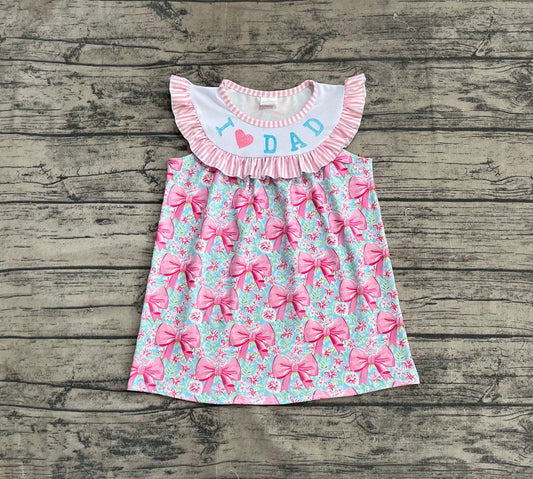 (Pre-order)GSD2534  I LOVE DAD Pink Flowers Bows Print Girls Summer Knee Length Dress