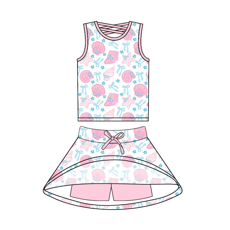 (Pre-order)GSD2538 Shell Bows Pink Tank Top Shorts Skirts Girls Summer Yoga Outfits