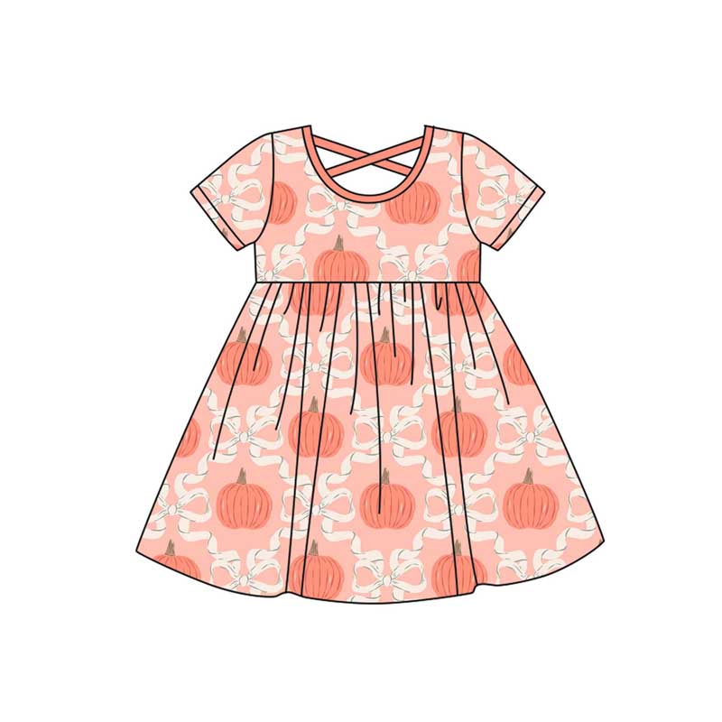 (Pre-order)GSD2544  Pumpkin Bows Print Girls Knee Length Dress