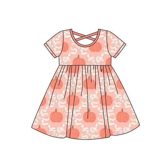 (Pre-order)GSD2544  Pumpkin Bows Print Girls Knee Length Dress