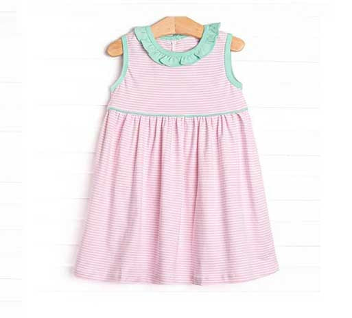 (Pre-order)GSD2546  Pink Stripes Print Girls Summer Knee Length Dress