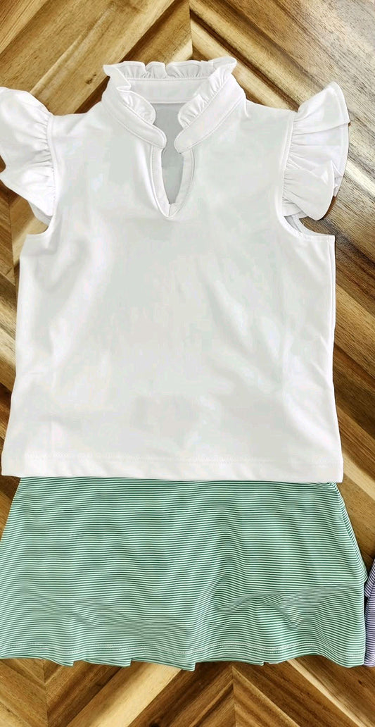 (Pre-order)GSD2554 White Top Green Stripes Skirts Girls Summer Clothes Set