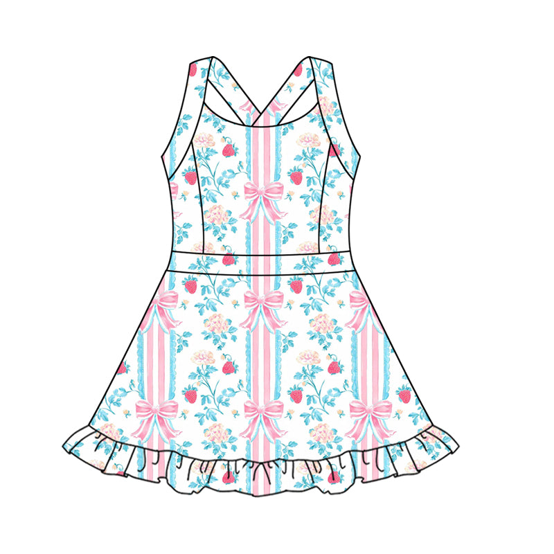 (Pre-order)GSD2563 Flowers Pink Bows Girls Summer Knee Length Yoga Dress