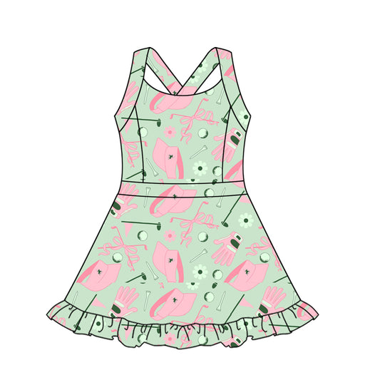 (Pre-order)GSD2569 Golf Pink Bows Flowers Girls Summer Knee Length Yoga Dress