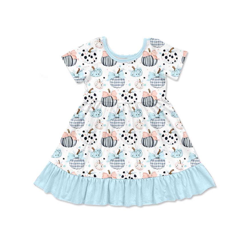 (Pre-order)GSD2579  Pumpkin Bows Print Girls Fall Knee Length Dress