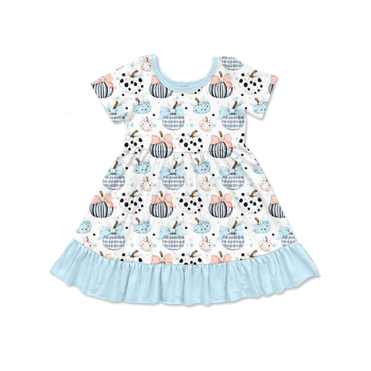 (Pre-order)GSD2579  Pumpkin Bows Print Girls Fall Knee Length Dress