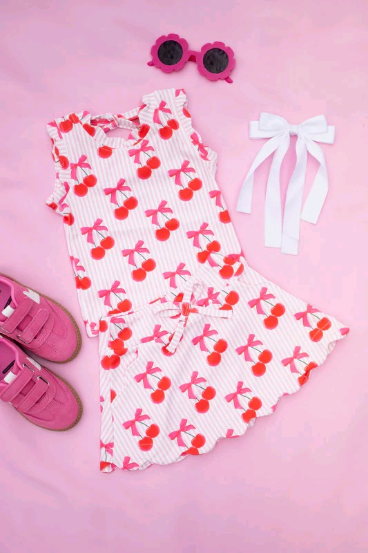 (Pre-order)GSD2582 Cherry Bows Top Skirts Shorts Girls Summer Clothes Set
