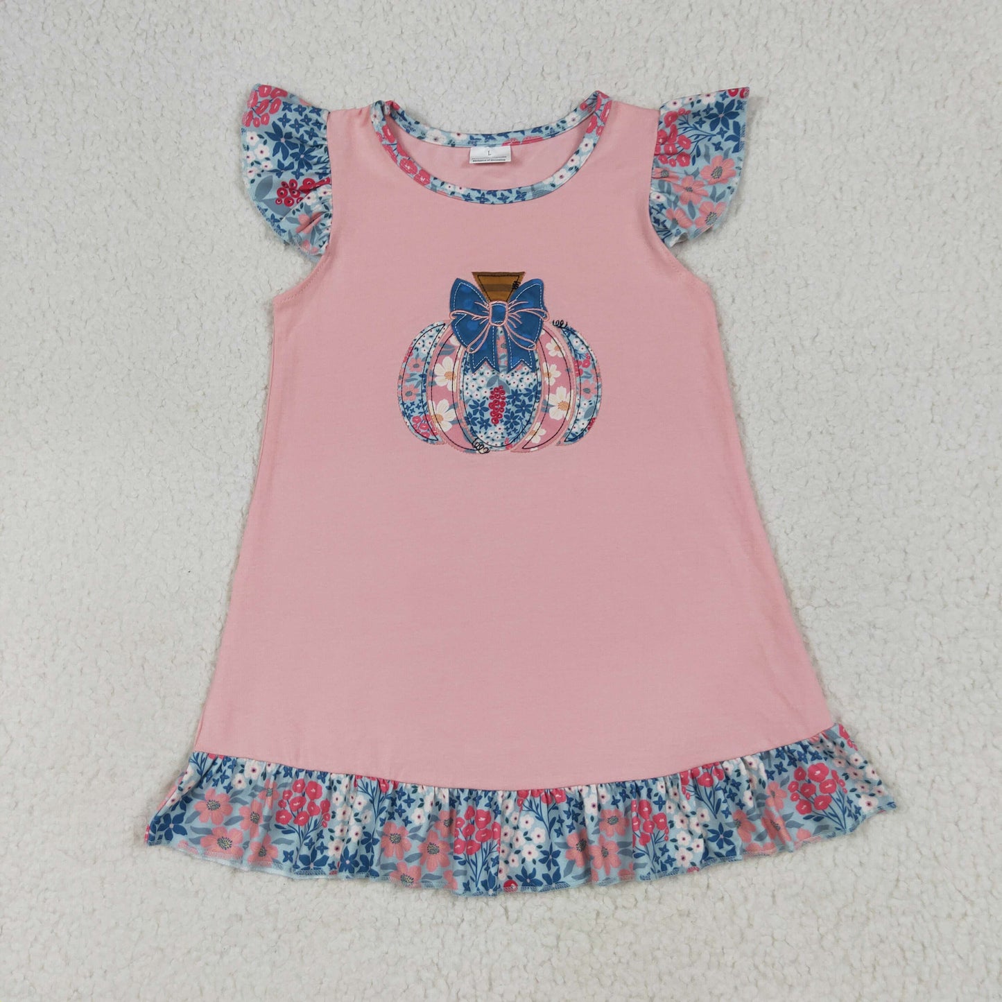 Flowers Pumpkin Bows Embroidery Pink Girls Fall Clothes Sisters Matching Wear