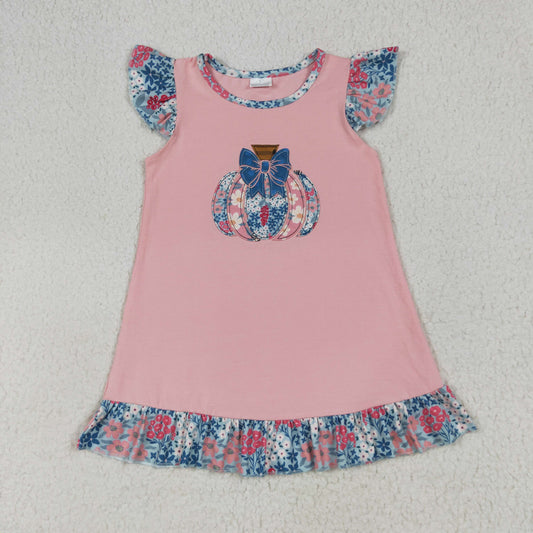 GSD2585 Flowers Pumpkin Bows Embroidery Girls Fall Knee Length Dress