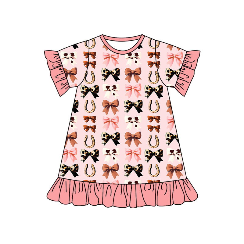 (Pre-order)GSD2588 Bows Pink Print Girls Summer Western Knee Length Dress