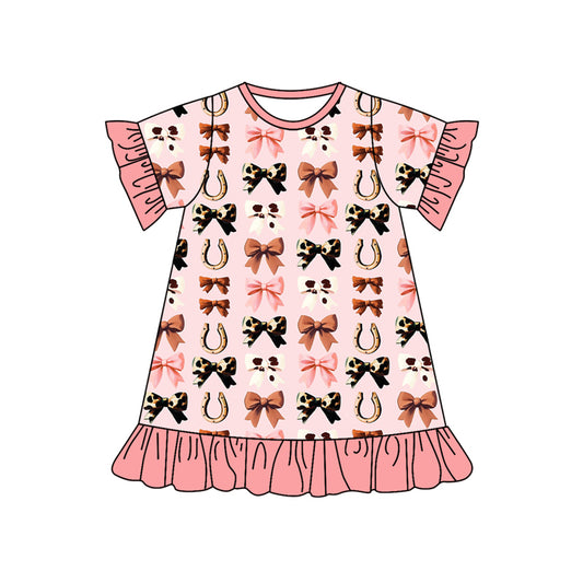 (Pre-order)GSD2588 Bows Pink Print Girls Summer Western Knee Length Dress