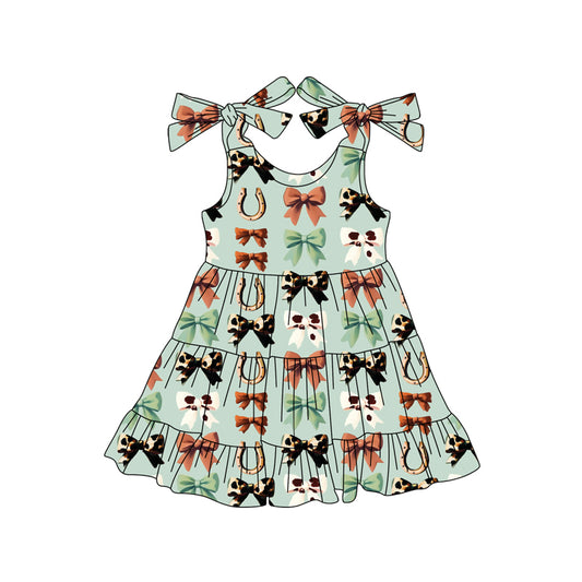 (Pre-order)GSD2589 Bows Green Print Girls Summer Western Knee Length Dress