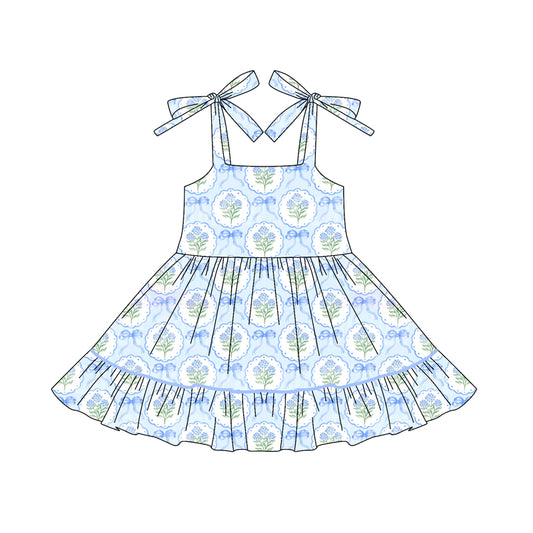 (Pre-order)GSD2590 Blue Flowers Bows Print Girls Summer Knee Length Strap Dress