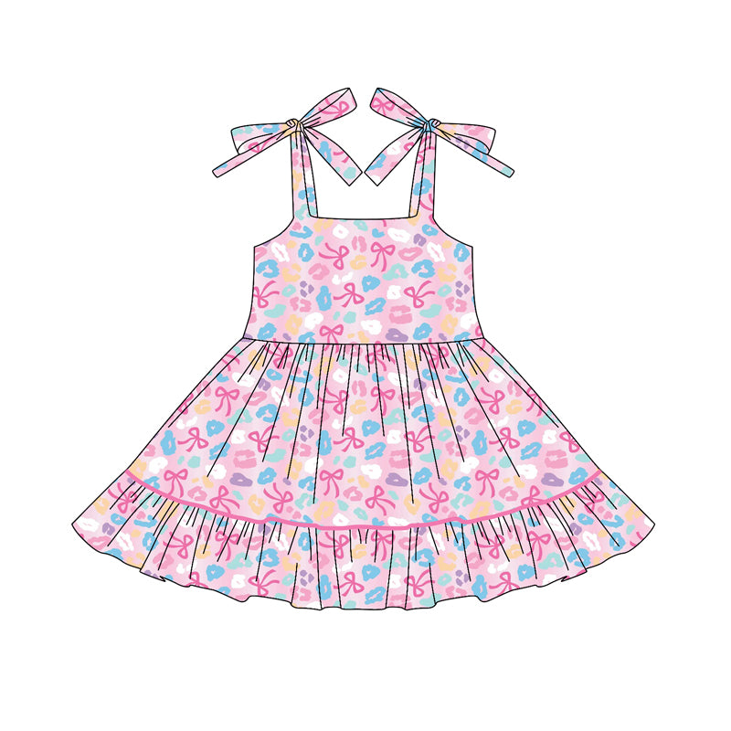 (Pre-order)GSD2593 Colorful Leopard Bows Print Girls Summer Knee Length Strap Dress
