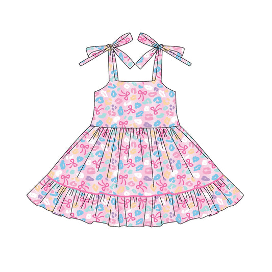 (Pre-order)GSD2593 Colorful Leopard Bows Print Girls Summer Knee Length Strap Dress