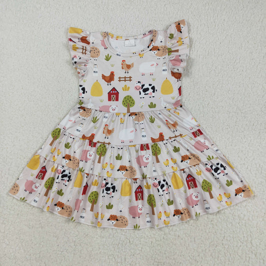 GSD2595 Farm Animals Print Girls Summer Flutter Knee Length Dress