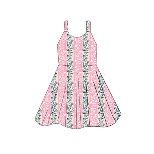 (Pre-order)GSD2596  Pink Flowers Print Girls Summer Knee Length Dress