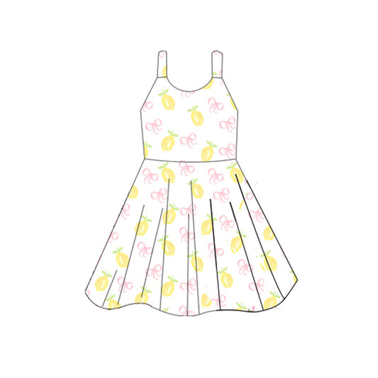 (Pre-order)GSD2597  Lemon Bows Print Girls Summer Knee Length Dress