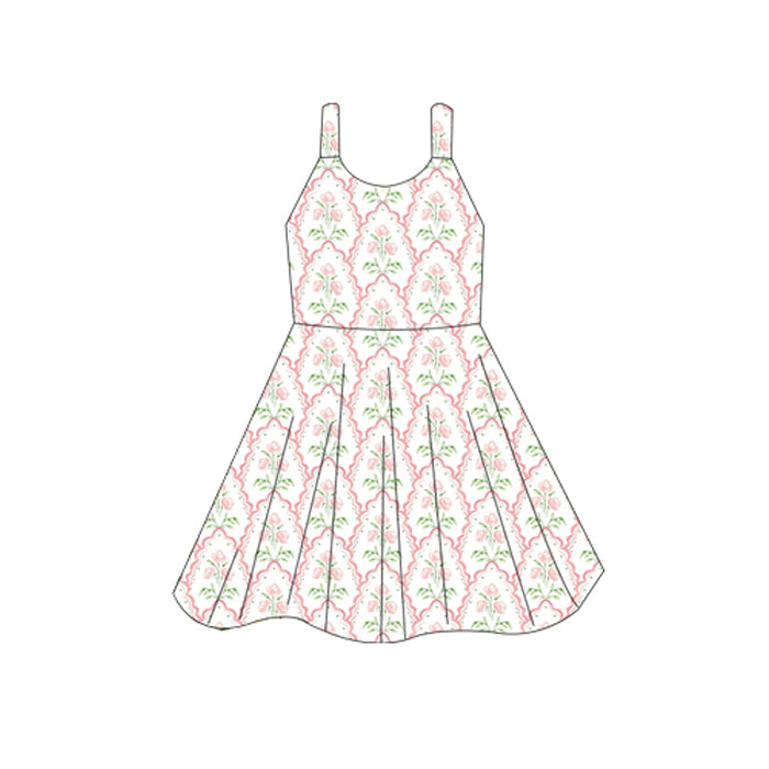 (Pre-order)GSD2600  Pink Flowers Print Girls Summer Knee Length Dress