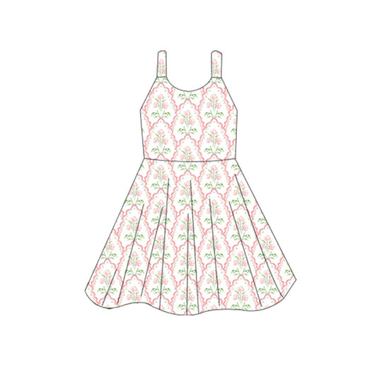(Pre-order)GSD2600  Pink Flowers Print Girls Summer Knee Length Dress