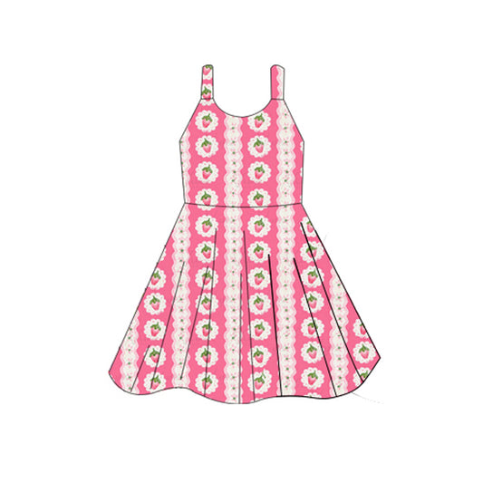 (Pre-order)GSD2602  Strawberry Print Girls Summer Knee Length Dress