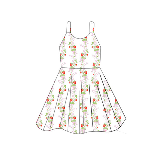 (Pre-order)GSD2603  Strawberry Flowers Print Girls Summer Knee Length Dress