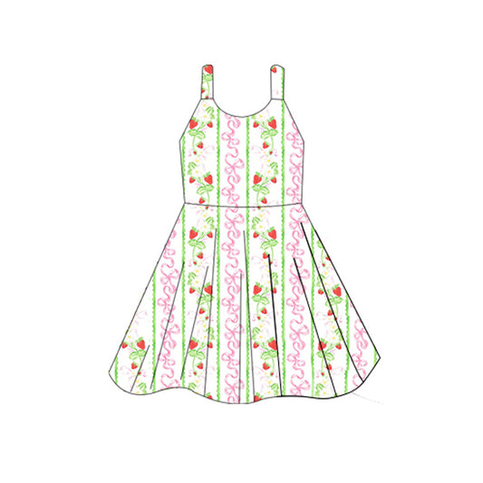 (Pre-order)GSD2604  Strawberry Flowers Bows Print Girls Summer Knee Length Dress