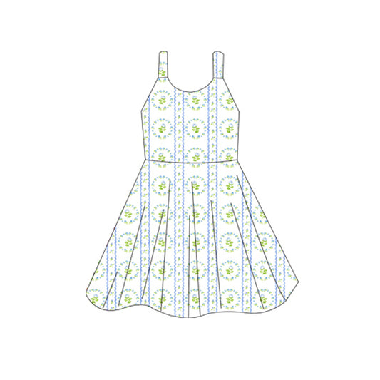 (Pre-order)GSD2605  Small Flowers Print Girls Summer Knee Length Dress
